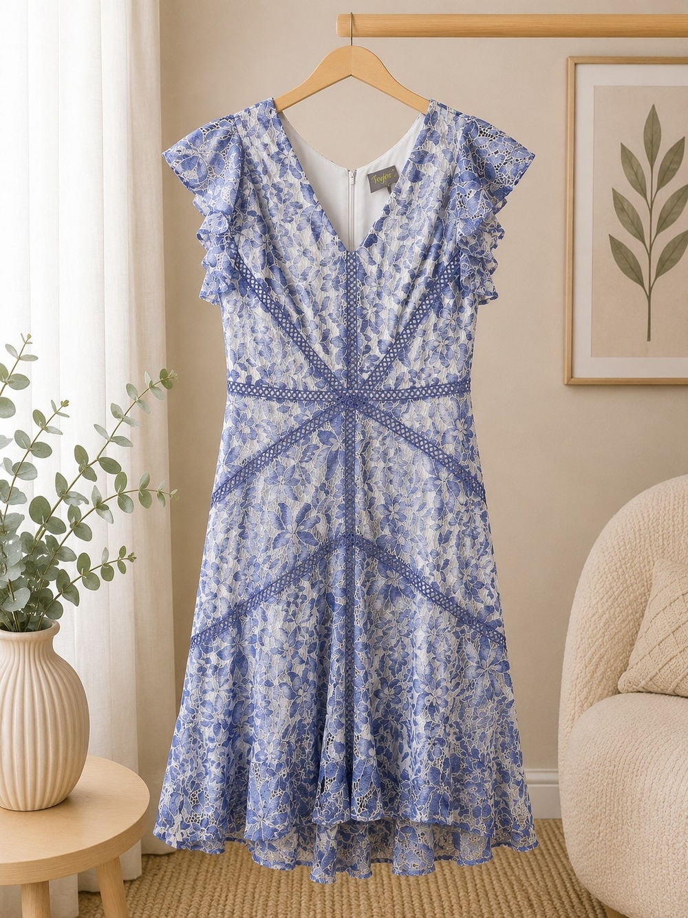 Taylor Blue Floral Lace V-Neck Midi Dress